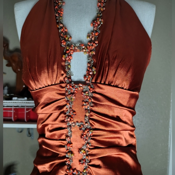 Free Sterling W/ Purch Jessica McClintock Gown Dress Burnt Rust Orange Beading 8 - Picture 5 of 13